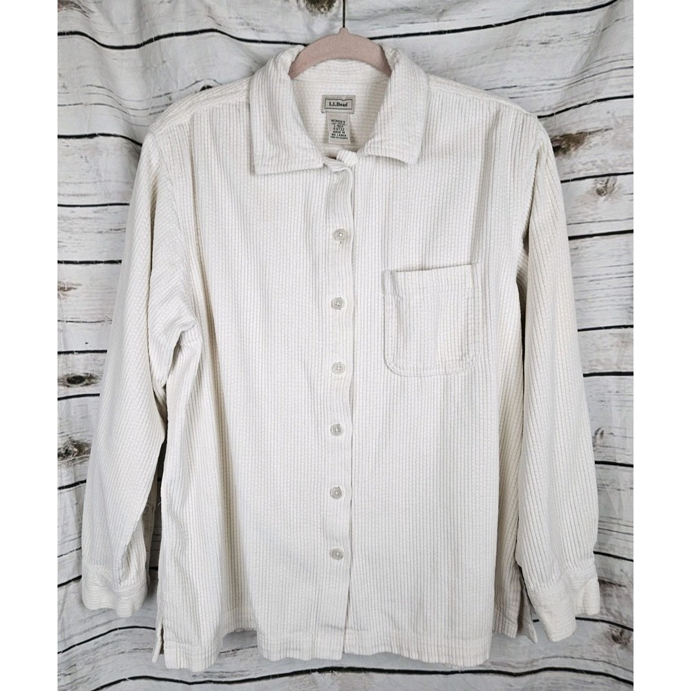 LL Bean Ivory Thick Wide Whale Corduroy Shirt L Womens Shacket Button Down